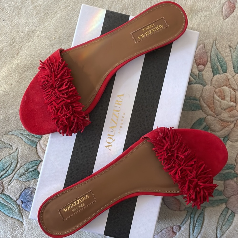 Aquazzura red suede fringe flats
